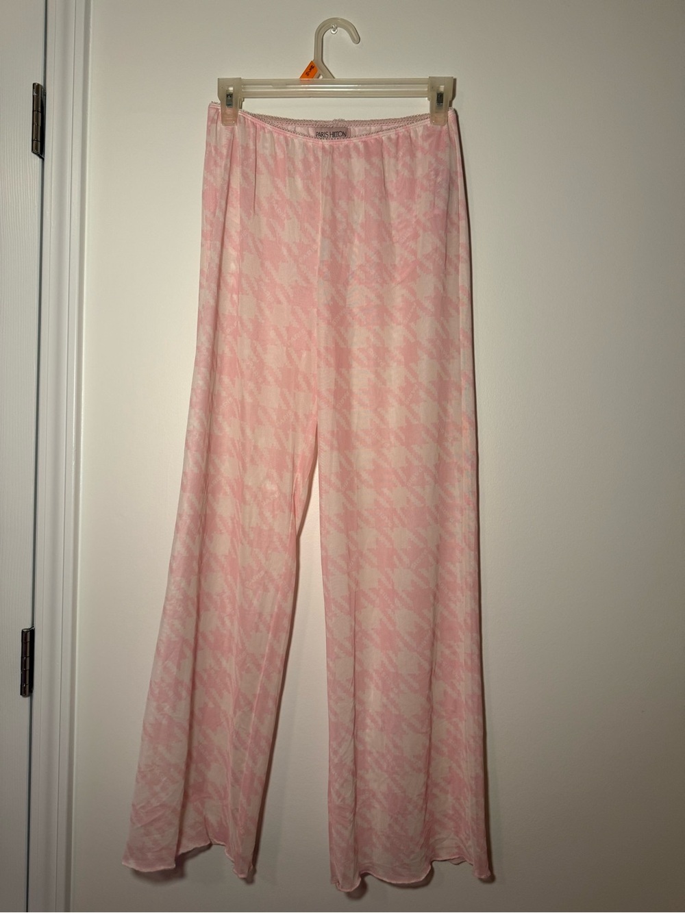 Sheer Light Pink Houndstooth Wide-Leg Pants